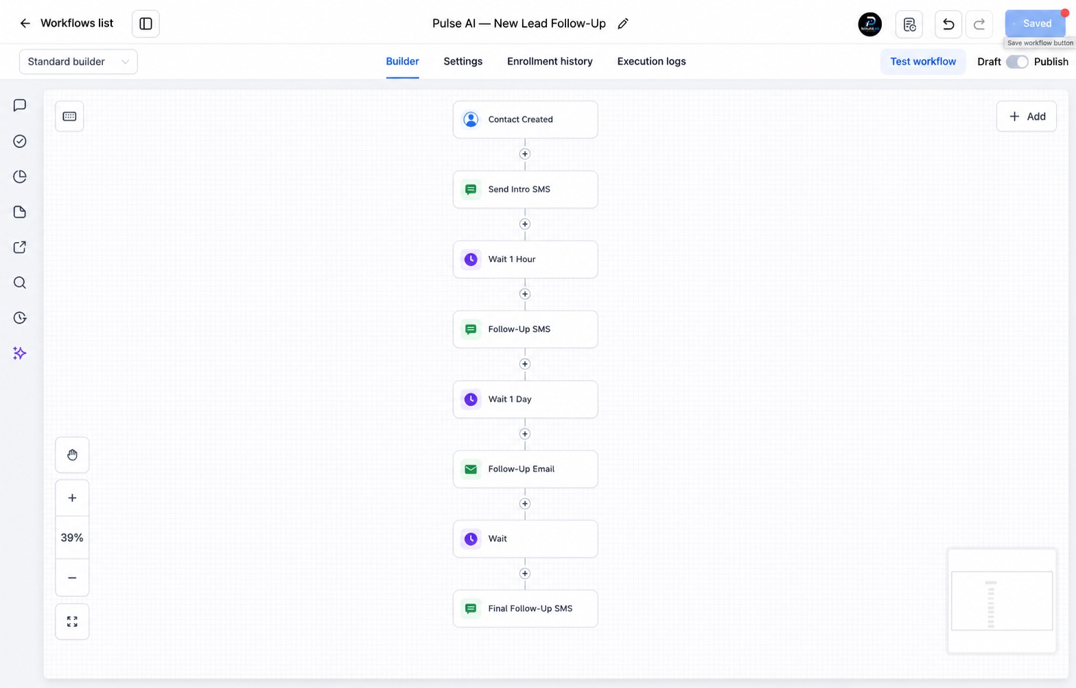 Pulse AI workflow builder with a sample automation