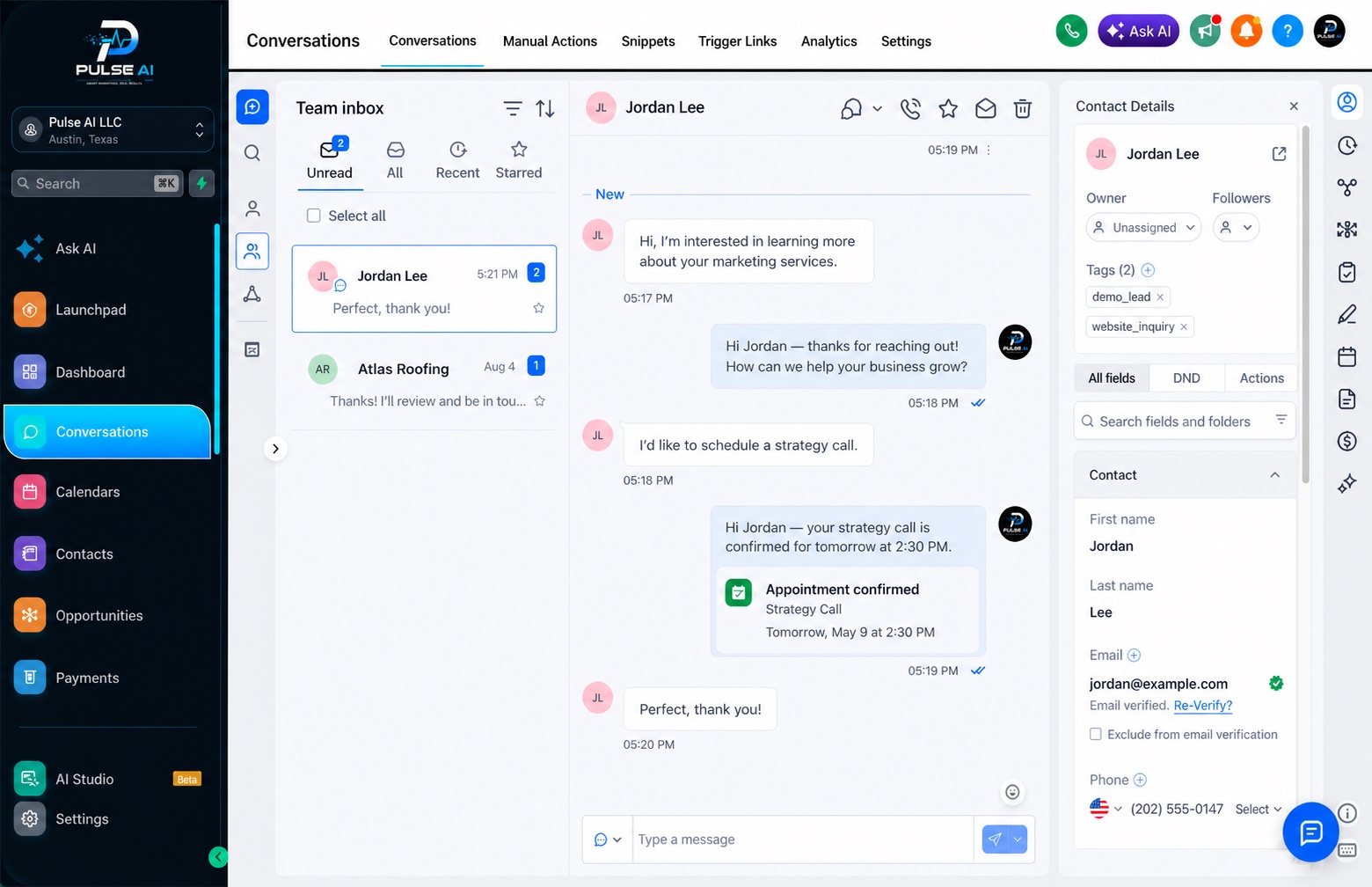 Pulse AI conversations inbox with sample contacts