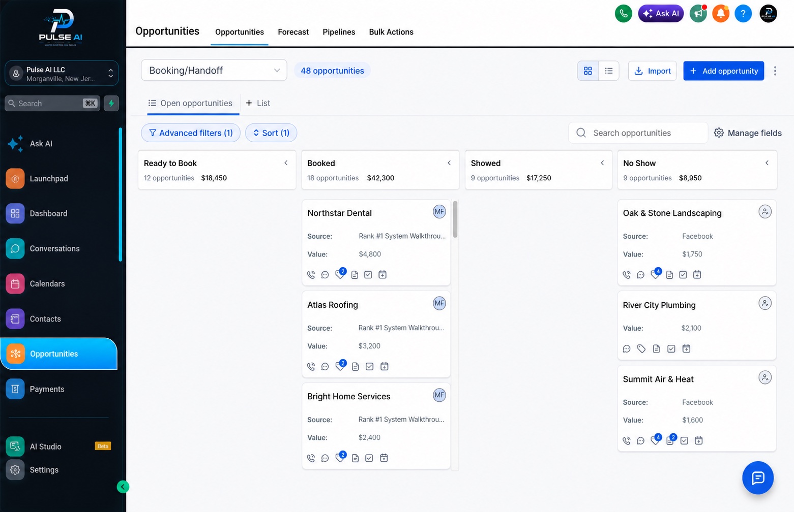 Pulse AI opportunity pipeline with sample opportunities